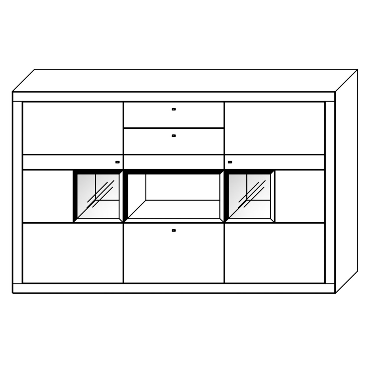 WM-aurum-higboard-3041-mass WM Aurum Higboard Type 3041 in Wildeiche und zwei kleinen Vitrinen rechts und links, Technische Zeichnung.