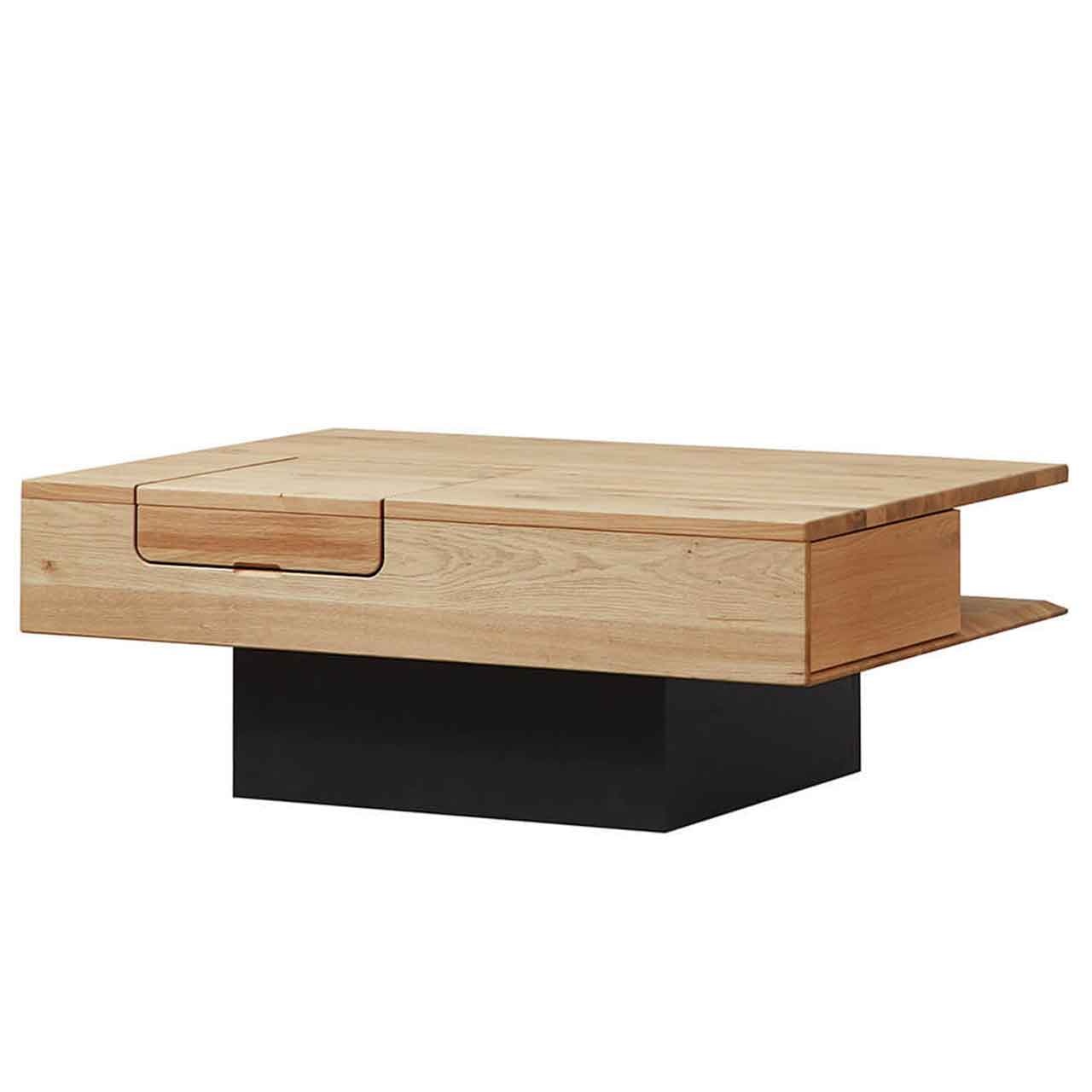 WM 2250 - Säulencouchtisch WM 2250 - Säulencouchtisch, Säule in Schwarz und als Tisch in rechteckiger Form in Wildeiche, mit extravaganten Highlights, wie eine Medienklappe, versteckter Schublade. Seitliche Aufnahme.