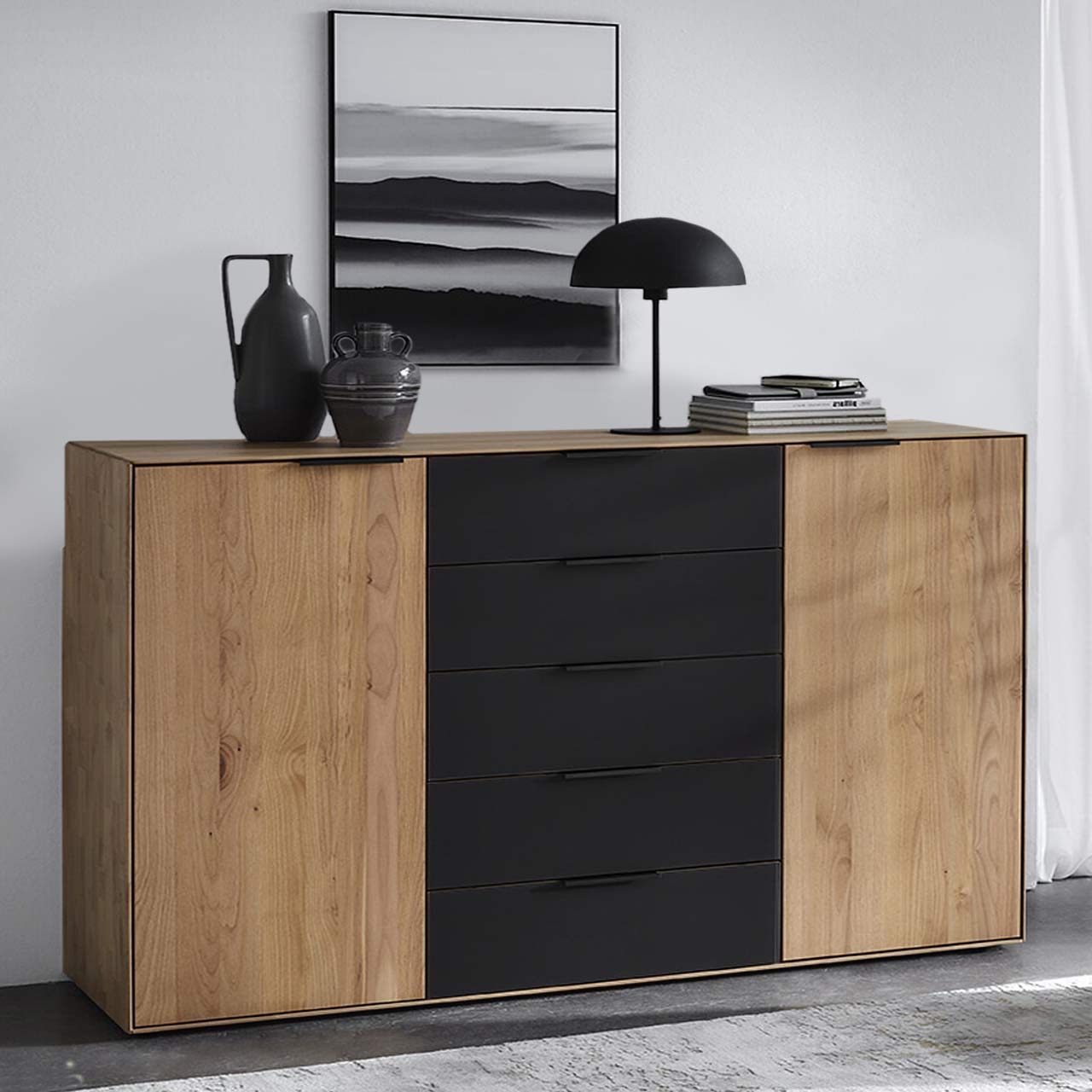 WSM 4400 Kommode mit fünf Schubkästen und 2 Türen in Wildeiche und Glas Akzent an allen Schublade Type 3180MG1