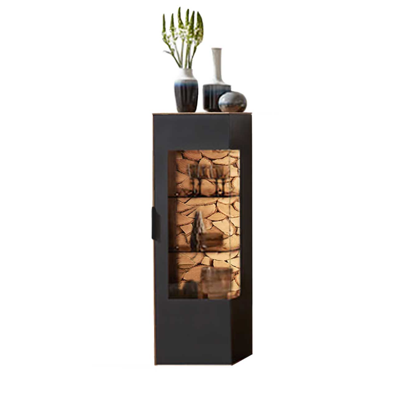 WM-2140-Highboard-5444 WM 2140 - Highboard Type 5444, schmales Element als Vitrine im Vitrinenbereich schwarz lackiert, Vitrinenausschnitt mit Spaltholz Akzent in der Rückwand.