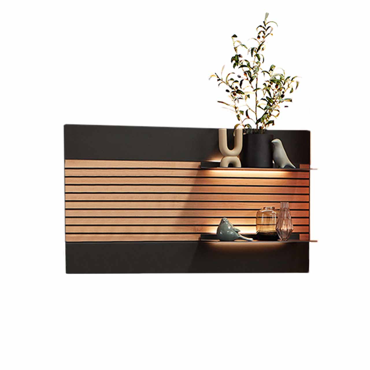 WM2320-Paneel-Erle-Mattglas WM 2320 Paneel Wandboard 8223 in Erle, mit Lamellen, schwarzer Mattglas Akzent- und zwei Ablagen.