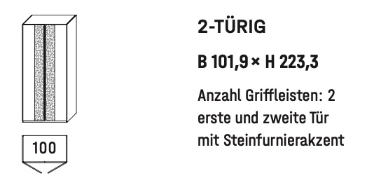 WSM 5100 2-türiger Kleiderschrank Type 6202 WSM 5100 2-türiger Kleiderschrank Zeichnung B 101,9 cm x H 223,3 cm mit Steinfurnier Akzent