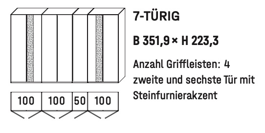 WSM 5100 7-türiger Kleiderschrank Zeichnung B 351,9 cm x H 223,3 cm mit Steinfurnier Akzent