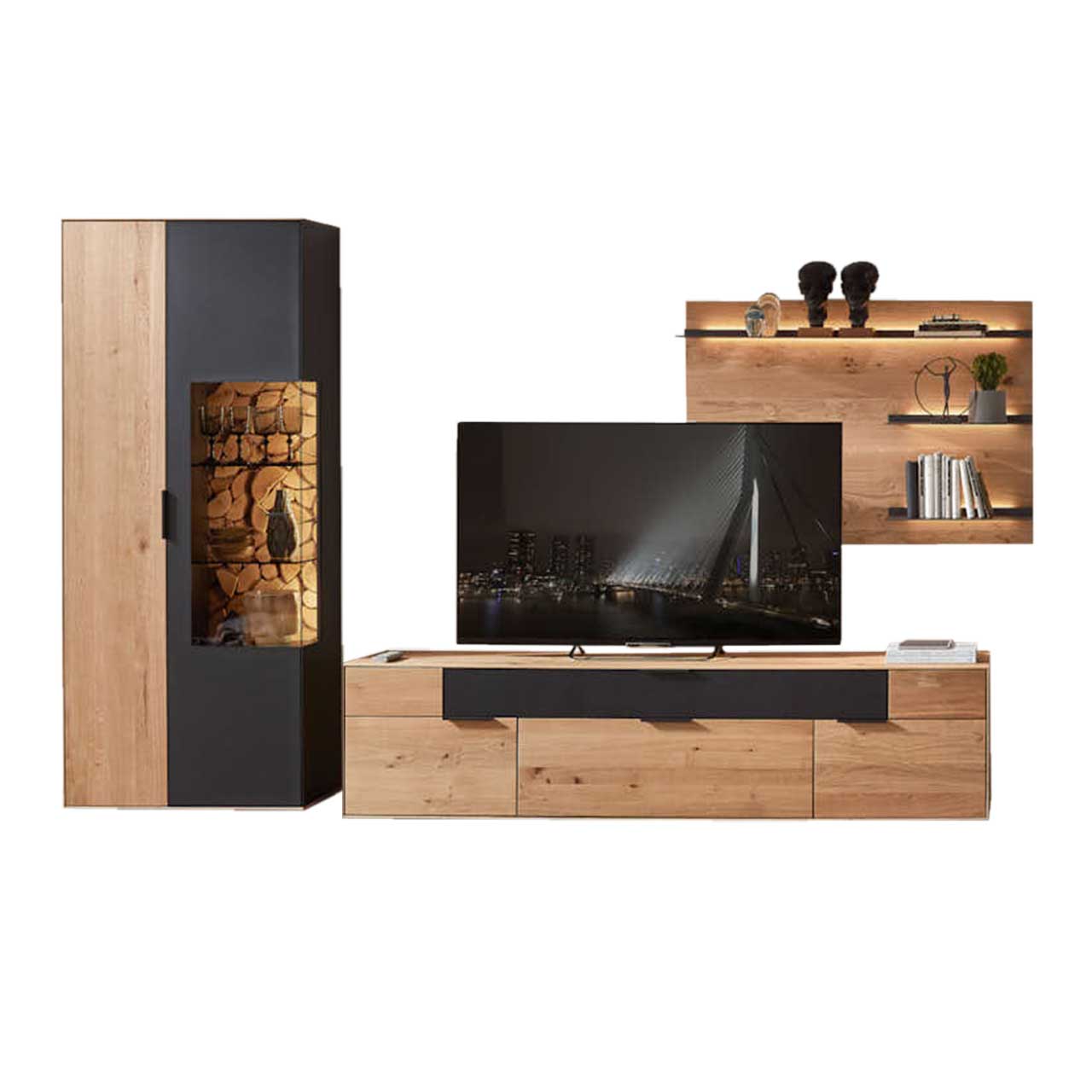 WM-2140-Kombi-0107-freisteller WM 2140 - 3-teilige Wohnwand Type 0107 Wildeiche und Kaminholz Akzent, bestehend aus einem Lowboard, einem Zeilenschrank mit Vitrinenfach und ein Wandpaneel.
