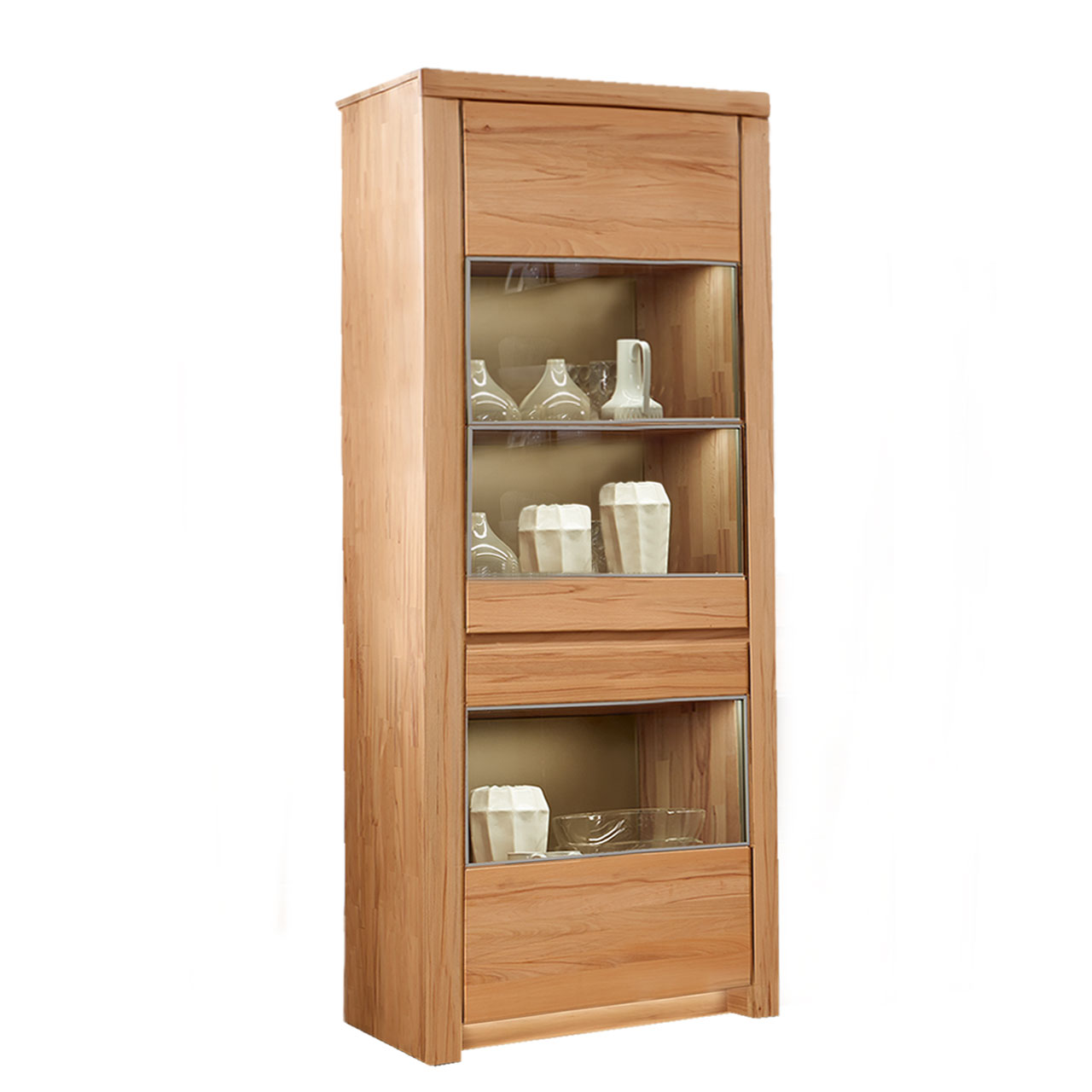 Soleo-3000-Zeilenschrank-57034-freigestellt-Kernbuche SOLEO 3000 Zeilenschrank Type 5703 in massiver Kernbuche, mit zwei Holztüren mit drei Vitrienenfächer untereinander angeordnet.