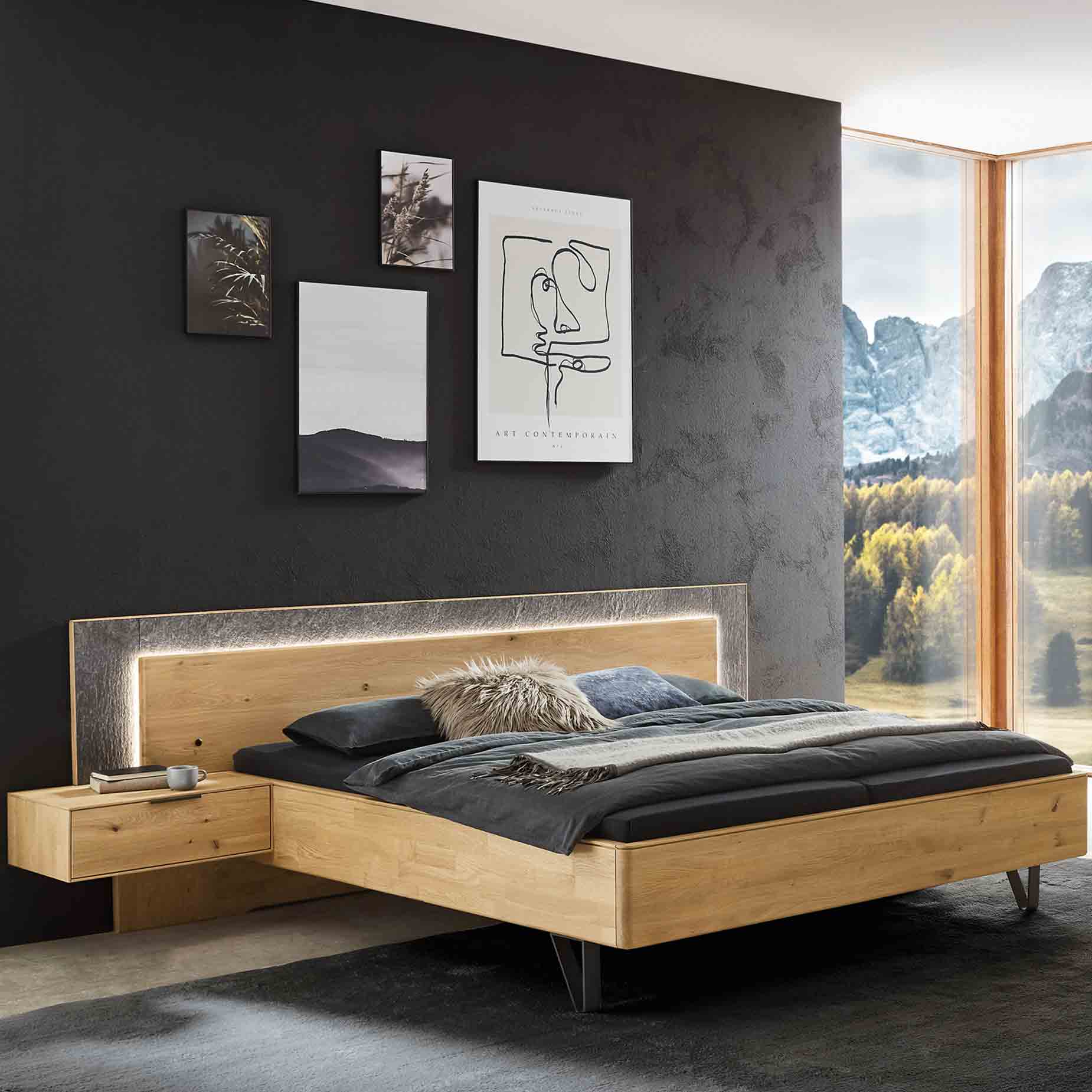 WSM 5100 Bett mit Steinfurnier Kopfteil und LED-Beleuchtung