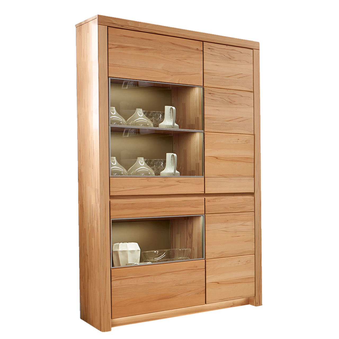 Soleo-3000-Zeilenschrank-5103-freisteller-Kernbuche SOLEO 3000 Zeilenschrank Type 5103 in massiver Kernbuche, mit zwei Holztüren und zwei Türen mit Vitrinenfach untereinander angeordnet.
